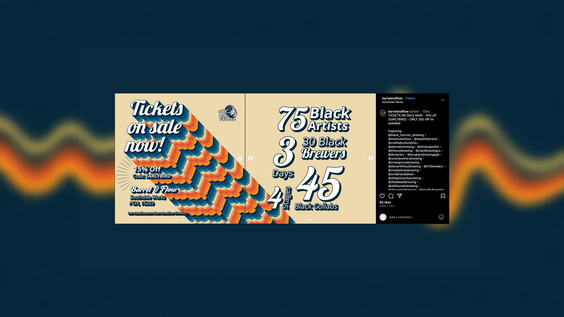An image of a social media post for instagram with An graphic of colorful typography repeated off of the bottomo of the page. made in Adobe illustrator